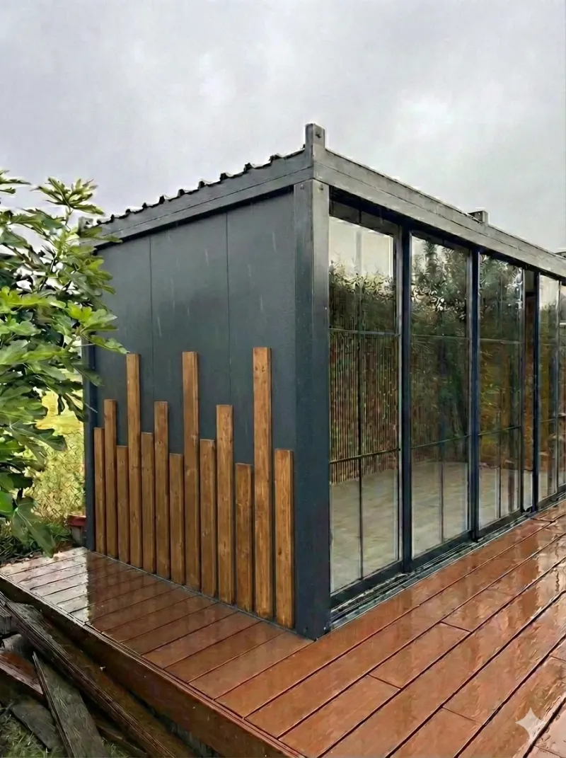 B2KON Elegant City Cabin with a glass front on a backyard deck