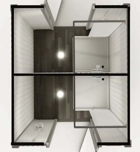Top view of the layout: two separate shower rooms. Shown with the optional electrical kit.