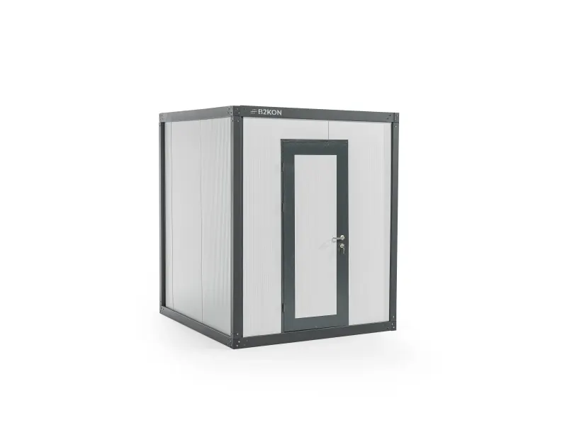 B2KON 6.5 by 8 foot portable restroom unit with a steel door